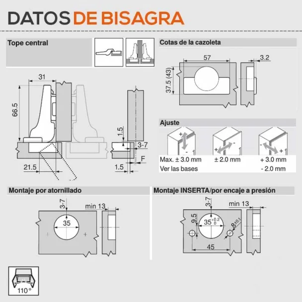 Dobradiça 110º Montagem Amortecedor Central com Freio de Blum para Cozinha
