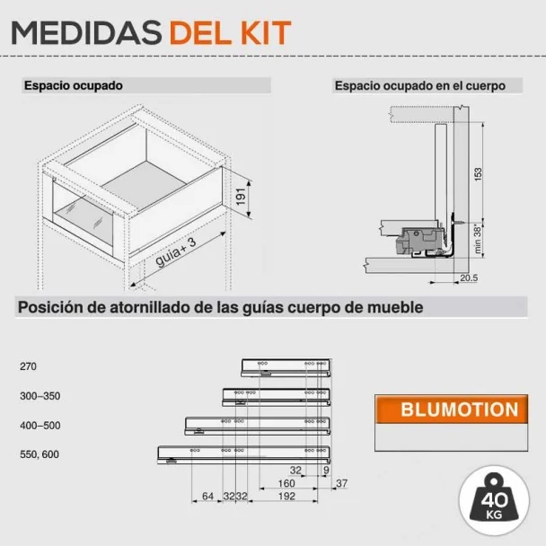 Extensão Interior Cinza 40 kg em Frente Vidro Legrabox Pure C