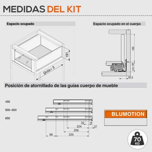 Extensão Interior Cinza 70 kg em Frente Vidro Legrabox Pure C