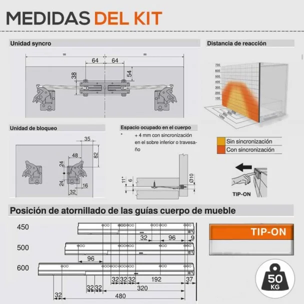 Guias 50 kg TIP-ON para Gavetas e Extensões Tandembox Antaro