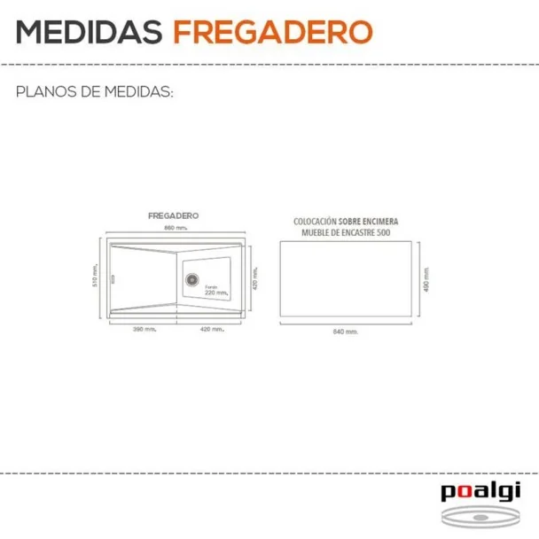 Pia Sintética 1 Seios com Passador Poalgi KUMA 303