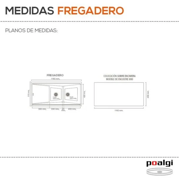 Pia Sintética 2 cubas com Passador Poalgi KUMA 306