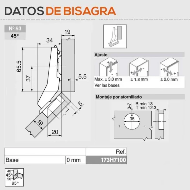 Dobradiça +45º Blum de Ângulo Semi-sobreposta en Interior para Cozinha